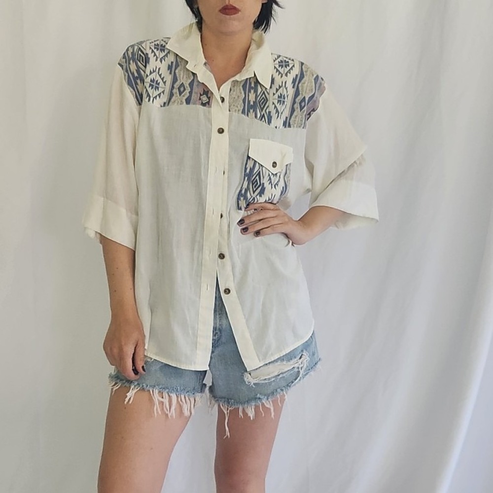 80s/90s White, Blue, Gray, and Pink Southwest Print Button Down
